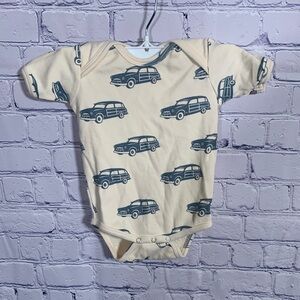 Kate Quinn Car Print Bodysuit Cream Blue Size 3-6M Organic Layer Short Sleeve